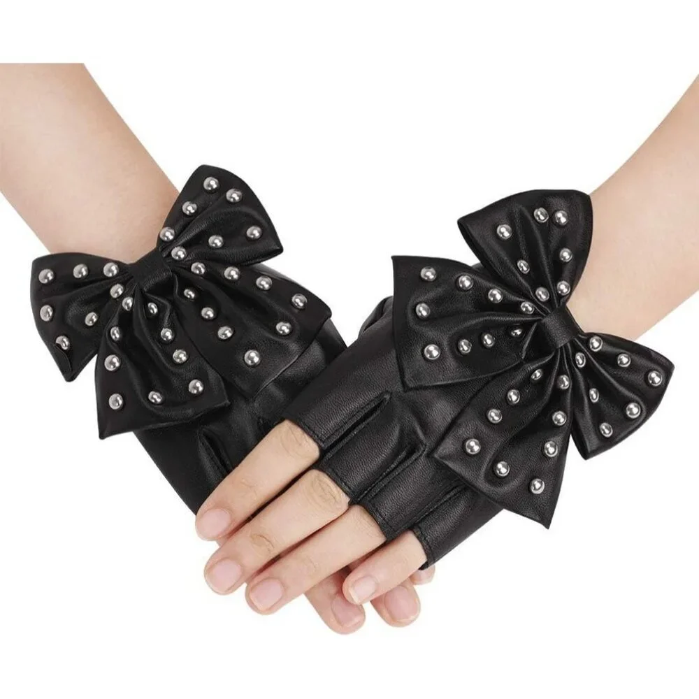 Women's Punk Rock Big Bowknot PU Leather Stage Dance Half Finger Black Gloves